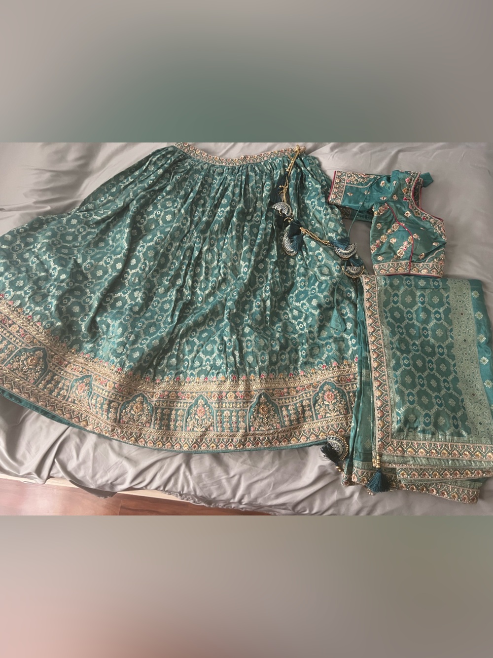 Teal Floral Embroidered Lehenga Set - Teal